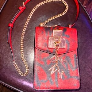 DKNY Elissa Graffiti Logo North-South Leather Crossbody Red & Black w Gold Trim